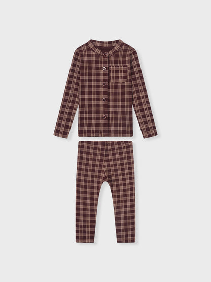 Girls two-piece plaid burgundy pajamas set by Adee with button-front top and matching pants