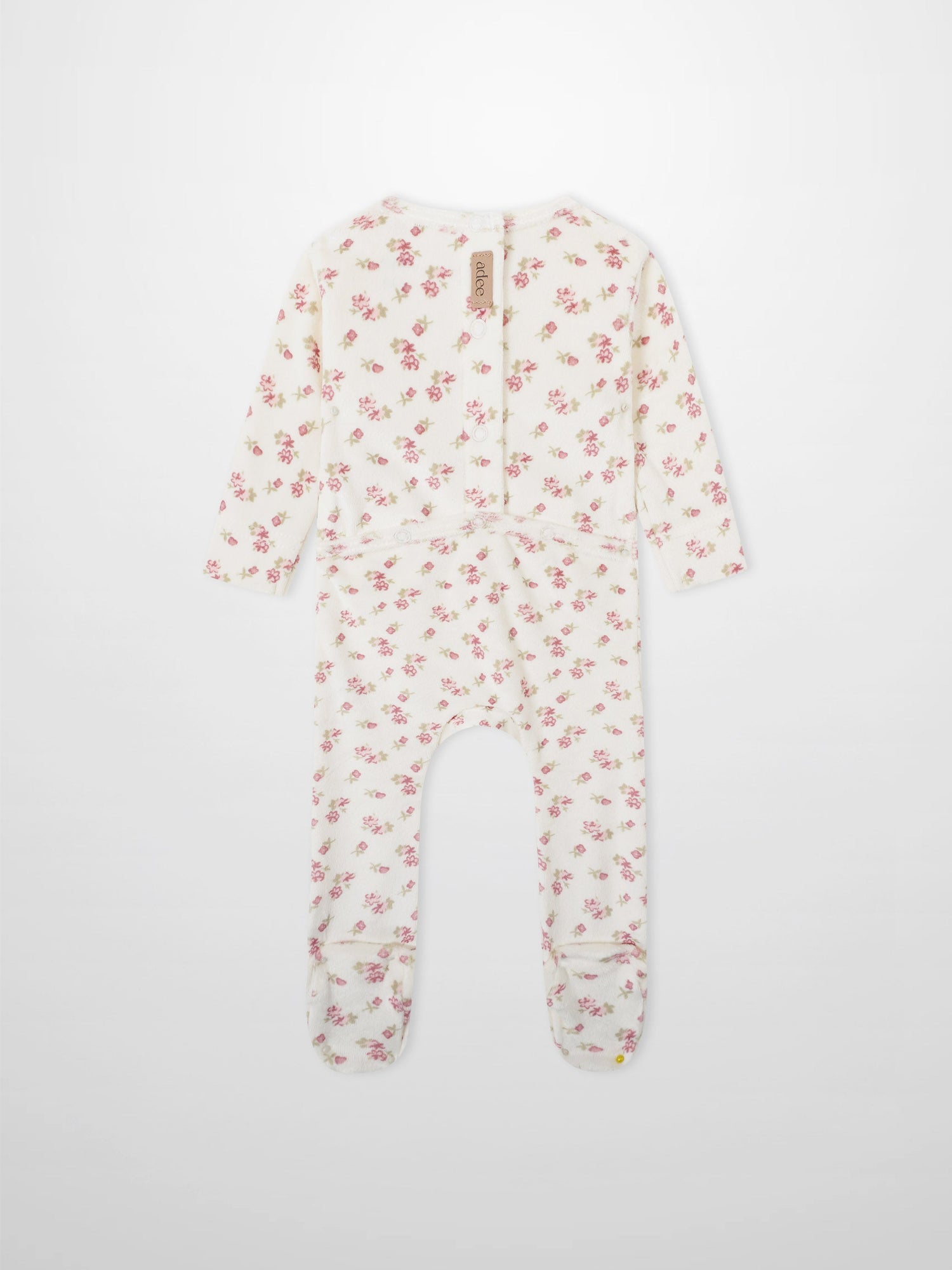 Tiny Blossom Layette Set by Adee; cream footed romper with pink floral print