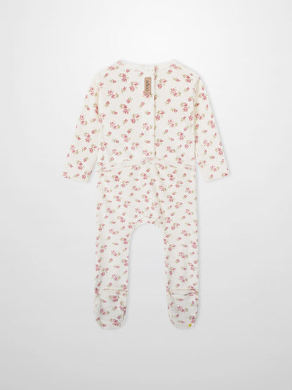 Tiny Blossom Layette Set by Adee; cream footed romper with pink floral print