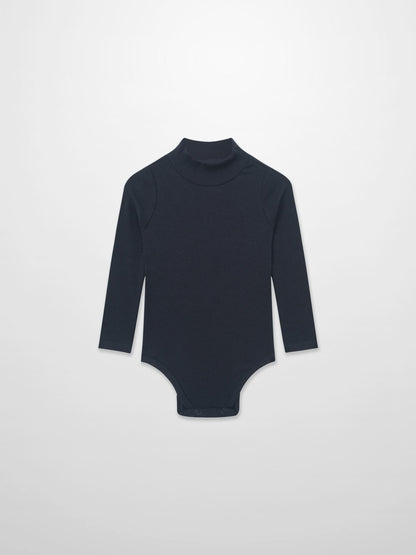 Ribbed mock-neck navy bodysuit by Adee, unisex dressy top