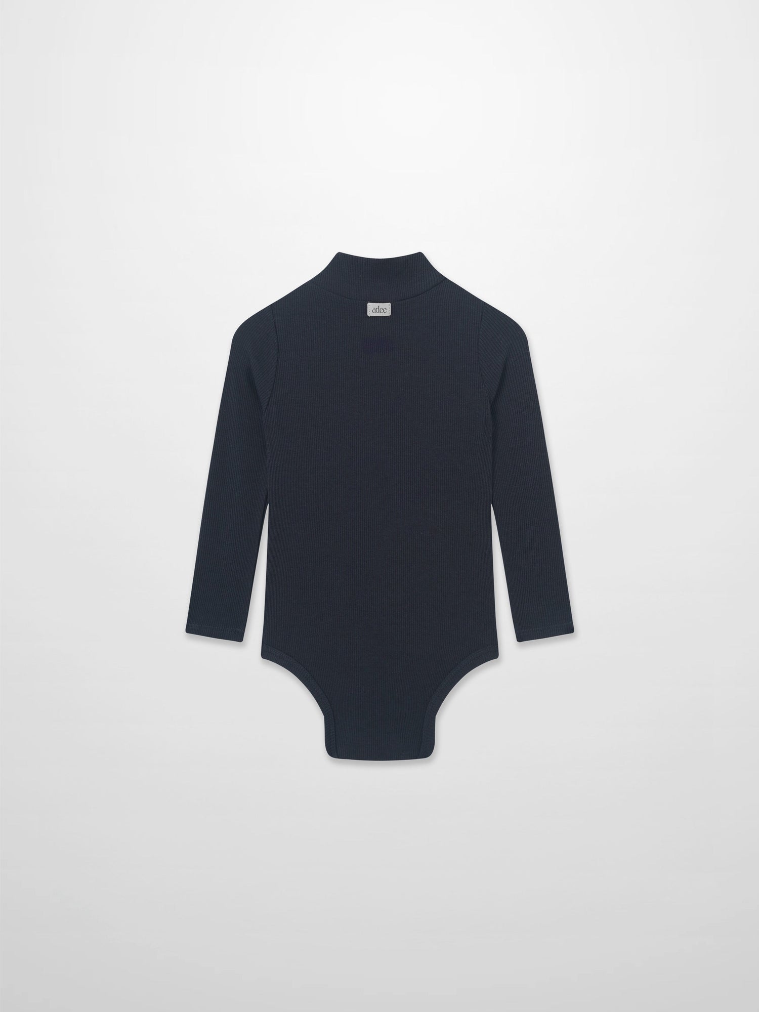 Ribbed navy mock-neck bodysuit by Adee, unisex dressy top