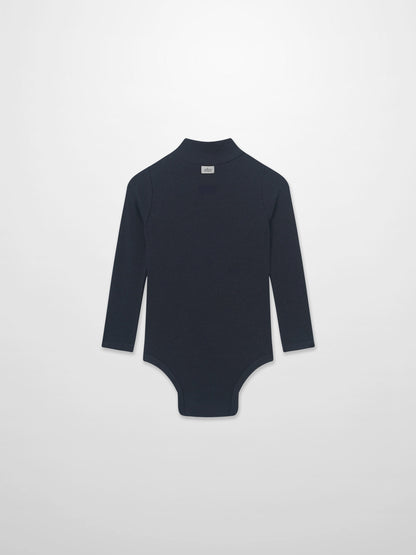 Ribbed navy mock-neck bodysuit by Adee, unisex dressy top