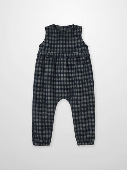 Plaid Navy Boys Dressy Overalls by Adee, sleeveless bib design in dark checkered fabric