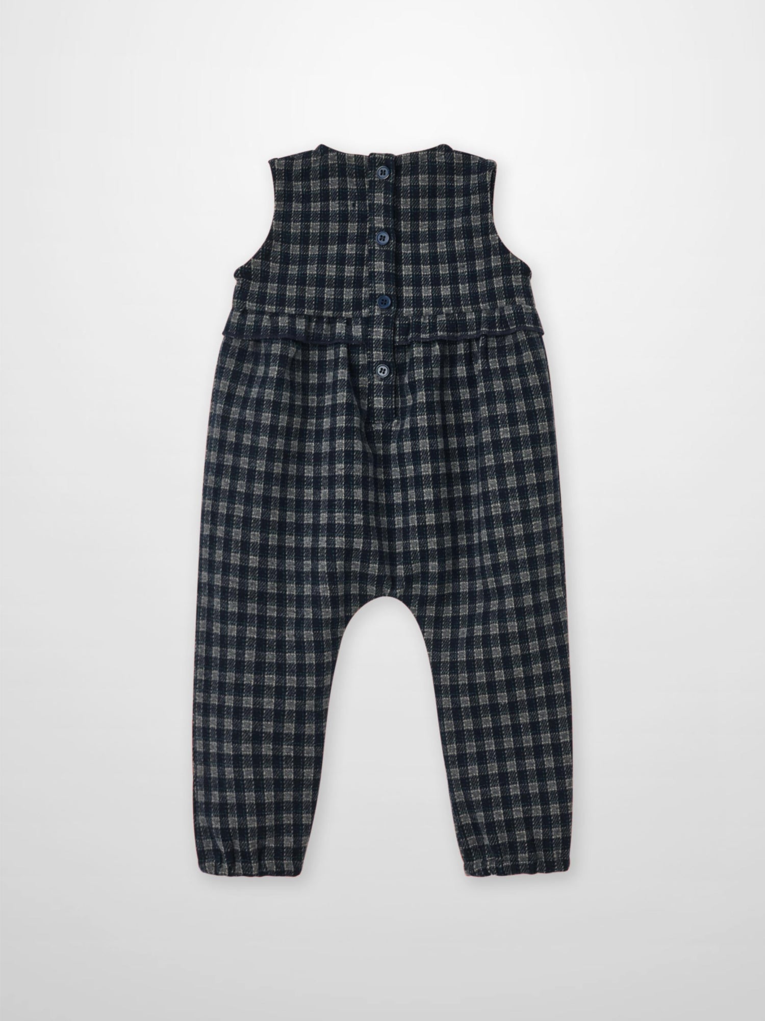 Adee Plaid Navy Boys Overalls - Dressy, sleeveless with button-front and ruffle detail