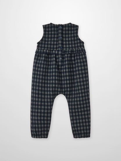 Adee Plaid Navy Boys Overalls - Dressy, sleeveless with button-front and ruffle detail