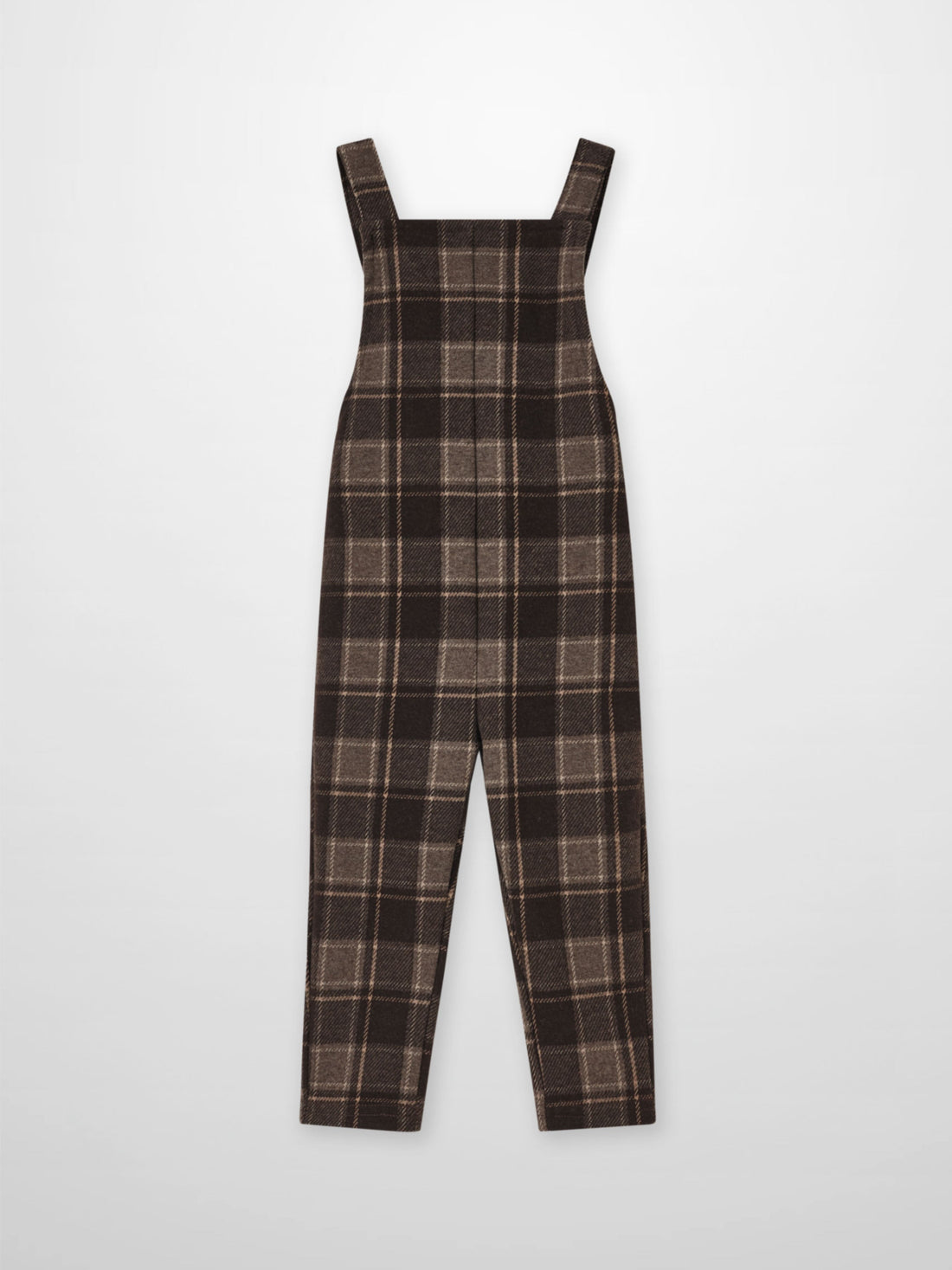 Plaid overalls for boys in brown with wide straps, dressy style.