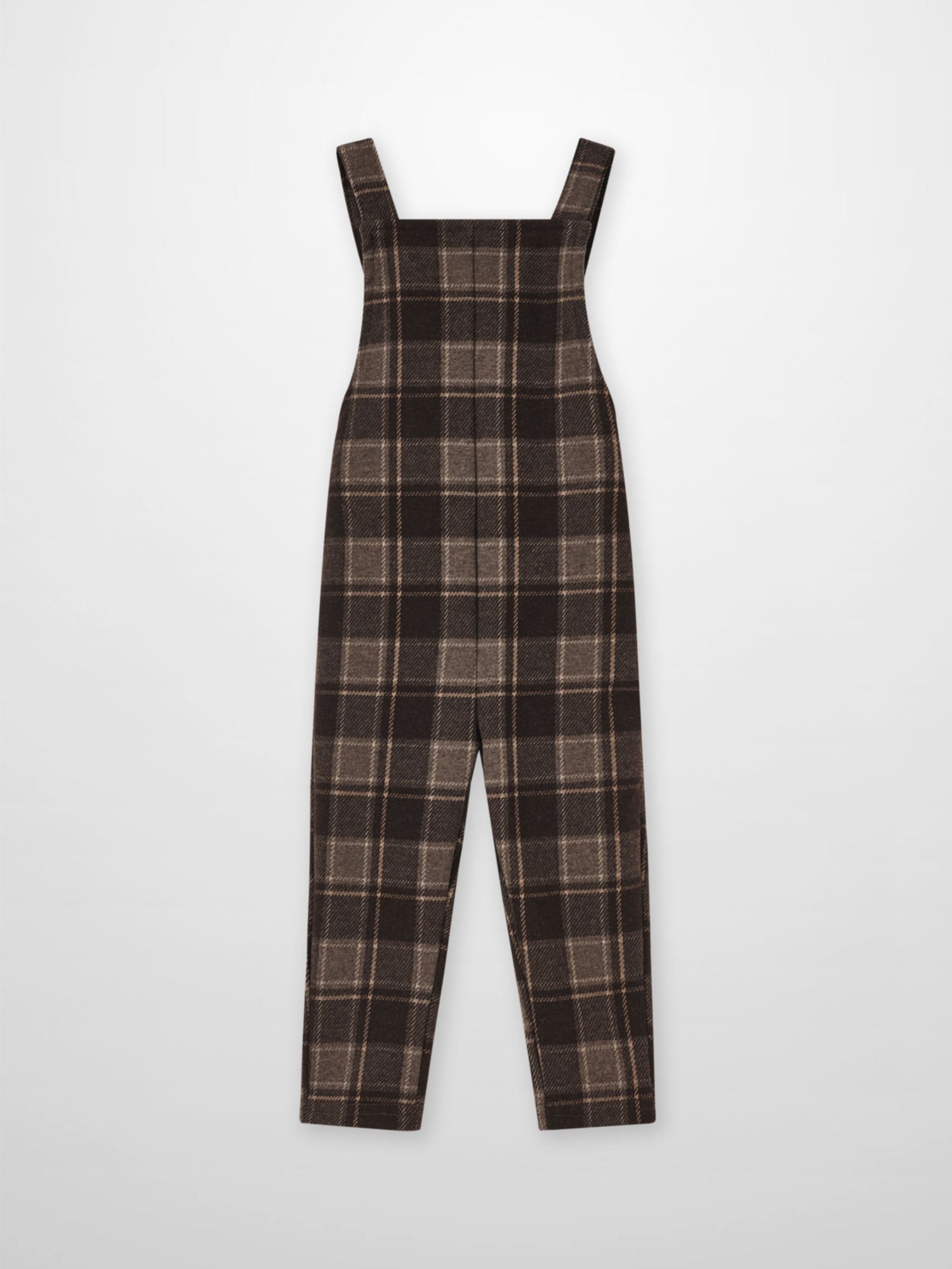 Plaid overalls for boys in brown with wide straps, dressy style.
