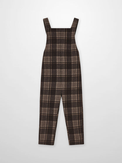 Plaid overalls for boys in brown with wide straps, dressy style.