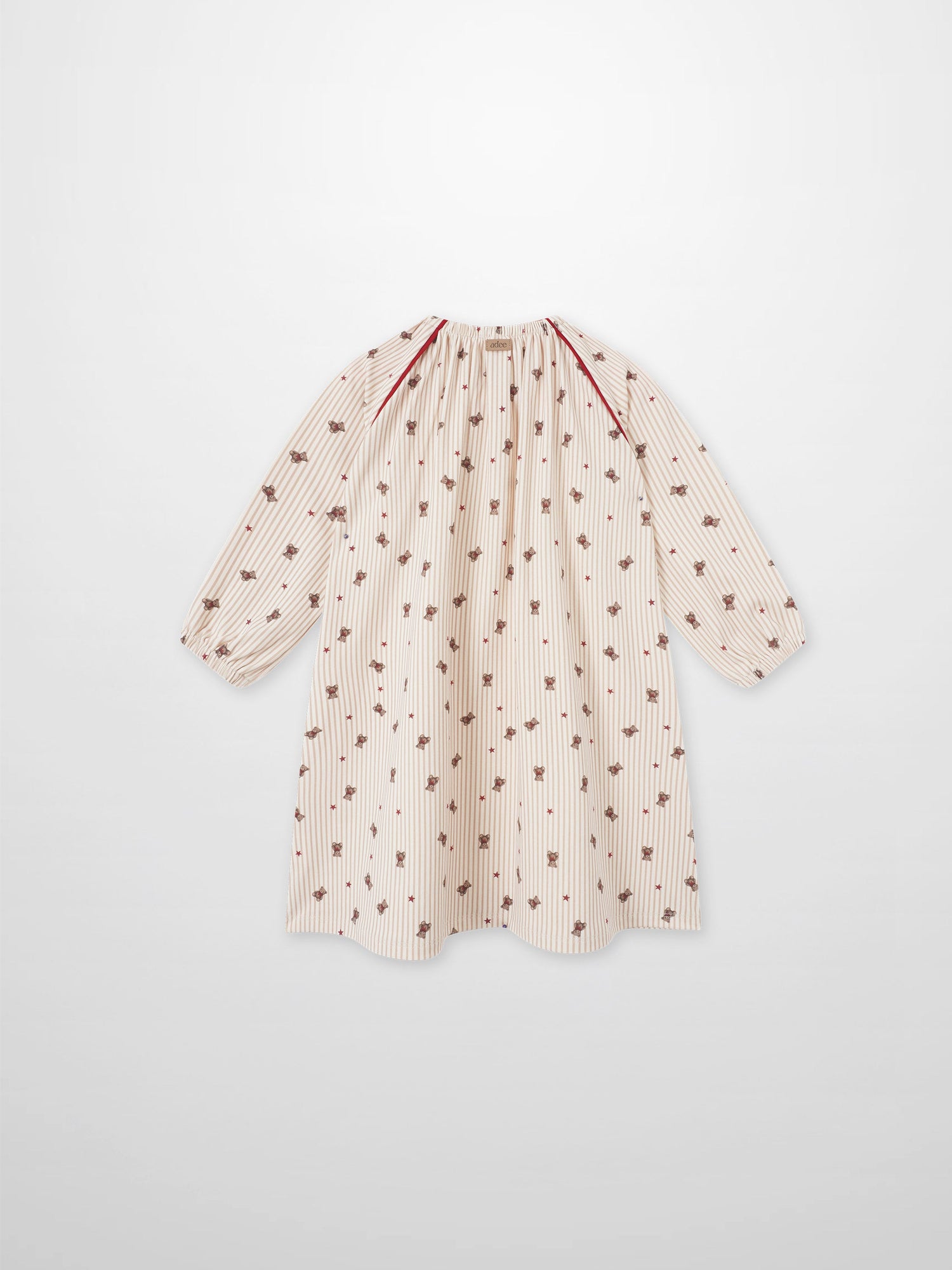 Striped Bear Nightgown - Red by Adee; girls pajamas with cream stripes, bear prints and red piping, long sleeves.