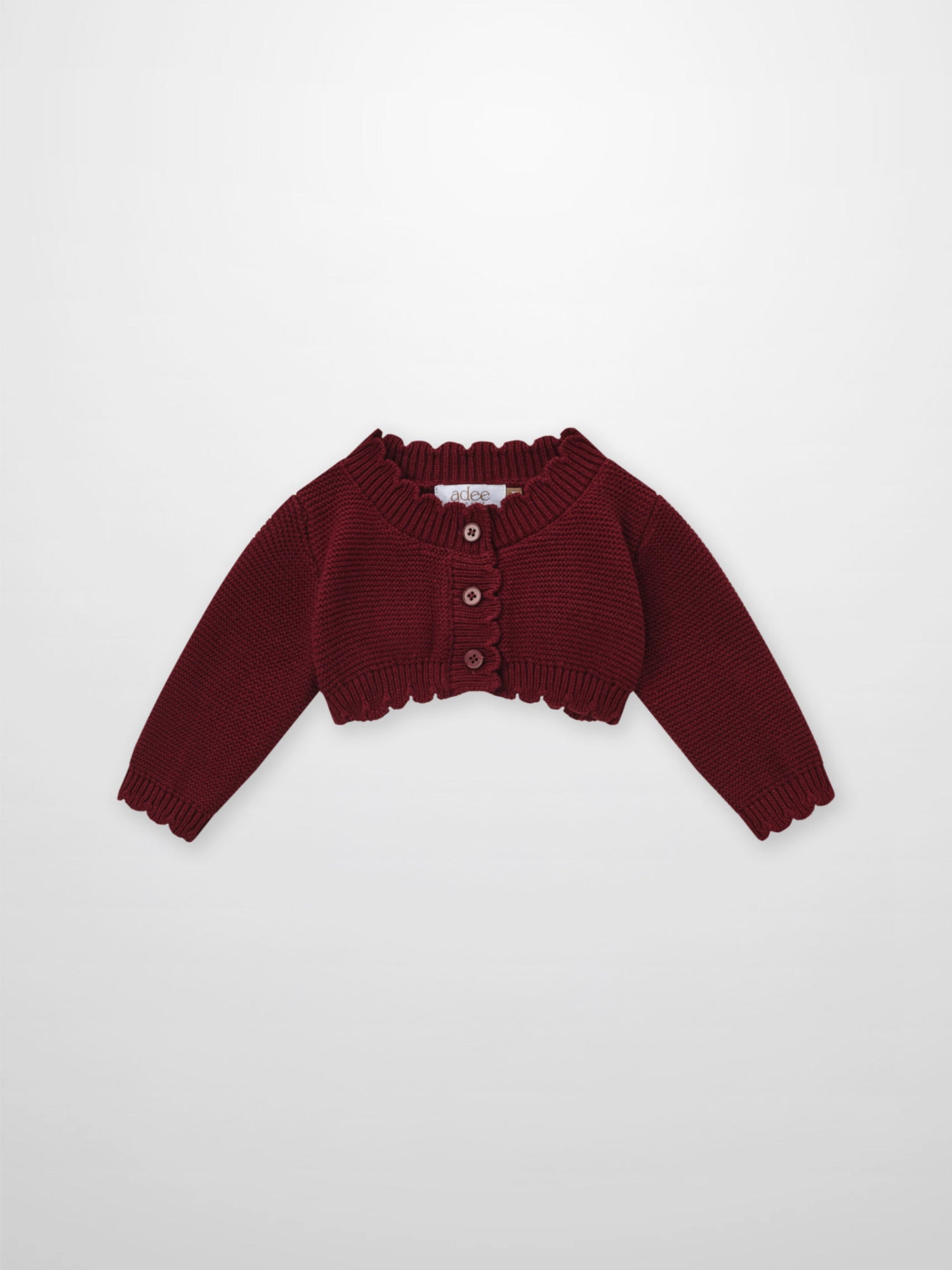 Adee cropped burgundy cardigan, unisex dressy knit with ribbed collar and button placket.