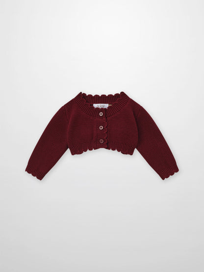 Adee cropped burgundy cardigan, unisex dressy knit with ribbed collar and button placket.