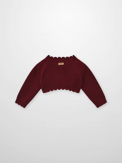 Cropped cardigan burgundy by Adee; unisex dressy knit top with ribbed cuffs and hem.