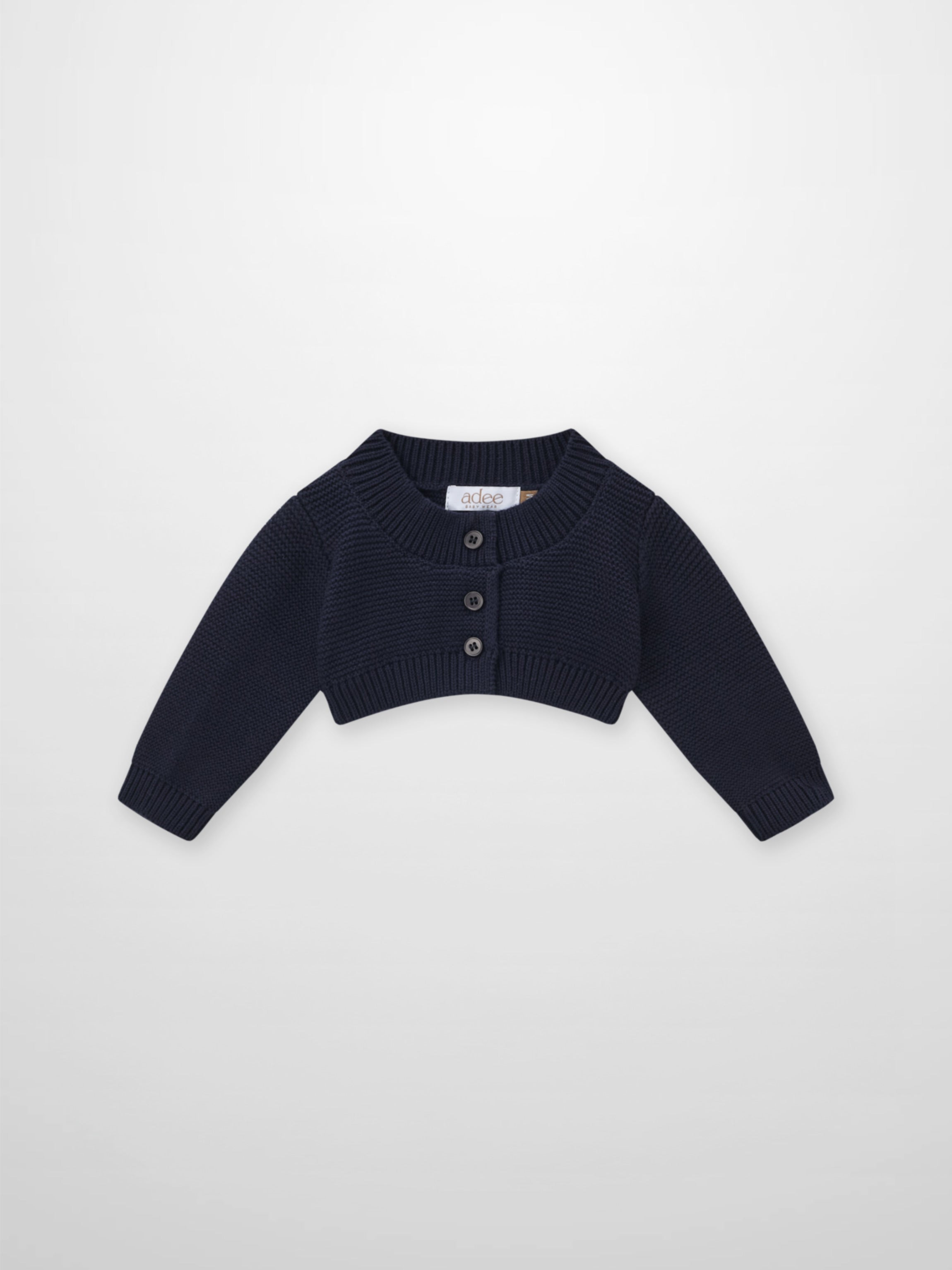 Cropped Cardigan - Navy, Adee unisex dressy knit top with button front.