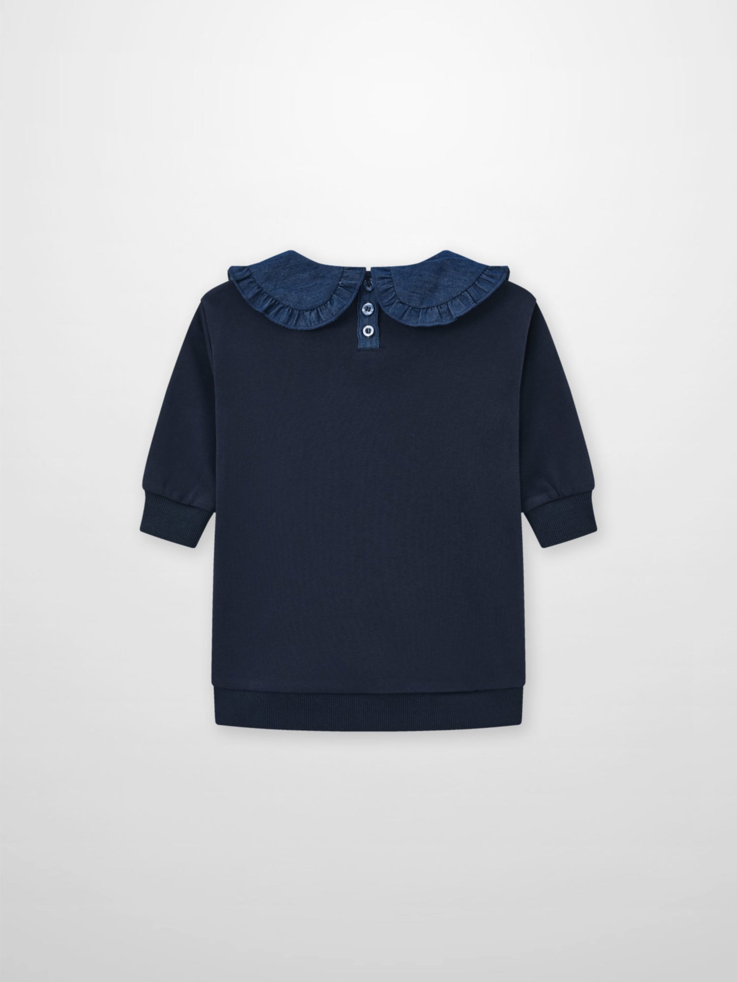 Denim Cherry Collar Dress for girls with a navy bodice and a denim ruffled collar and button placket.