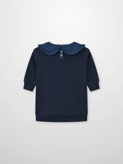 Denim Cherry Collar Dress for girls with a navy bodice and a denim ruffled collar and button placket.