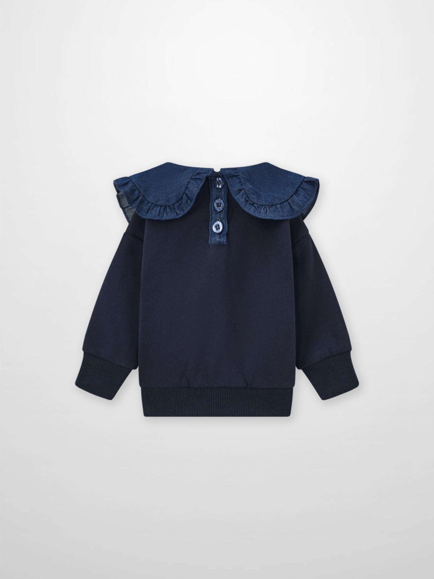 Denim Cherry Collar Sweatshirt for girls by Adee; navy top with a denim collar and button placket.