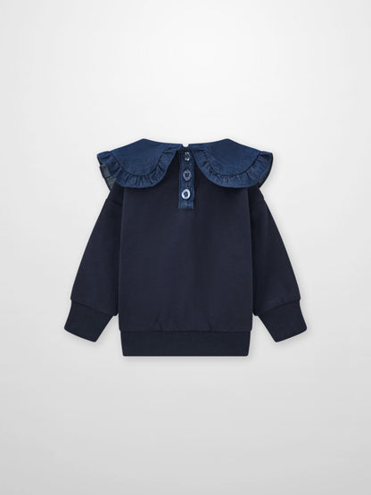 Denim Cherry Collar Sweatshirt for girls by Adee; navy top with a denim collar and button placket.