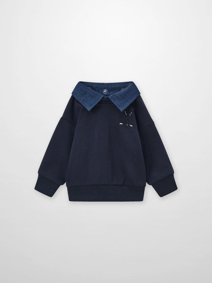 Adee Denim Collar Sweatshirt for boys; navy blue with light denim collar and chest embroidery.