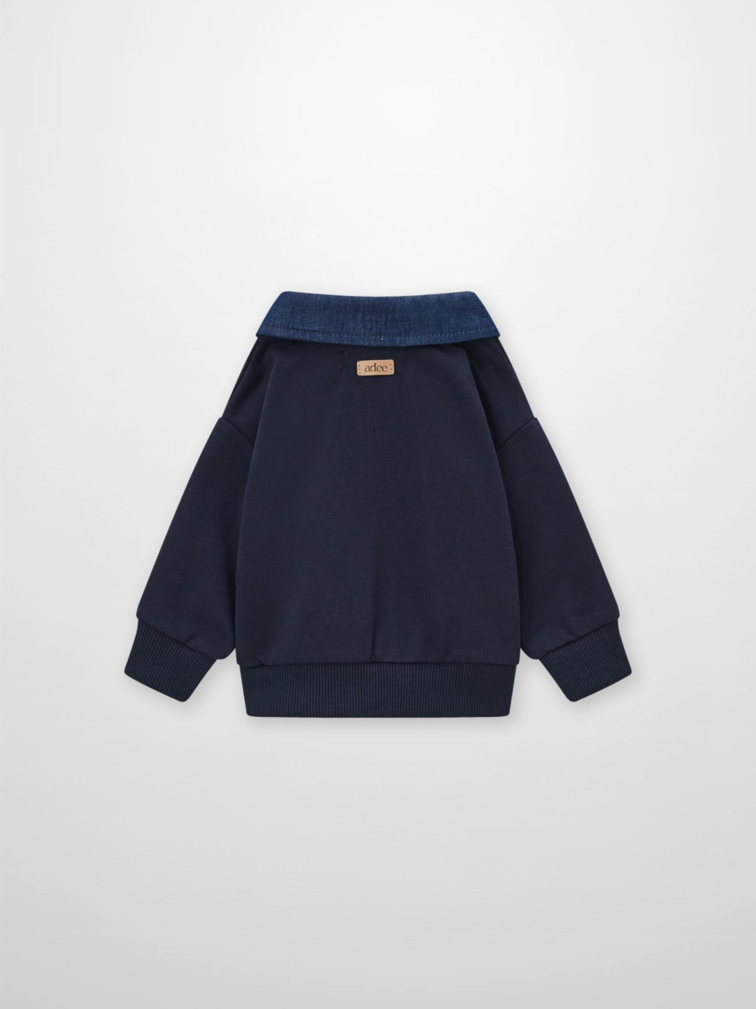 Adee denim-collar sweatshirt for boys; navy body with ribbed cuffs and hem.
