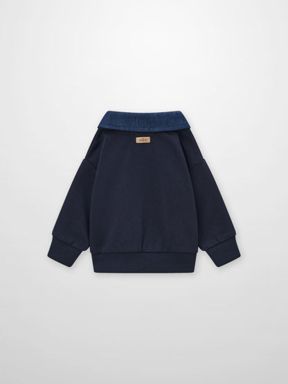 Adee denim-collar sweatshirt for boys; navy body with ribbed cuffs and hem.