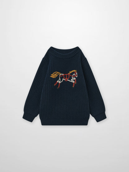 Knit Horse Sweater Navy, Adee unisex top with embroidered horse motif on thick knit