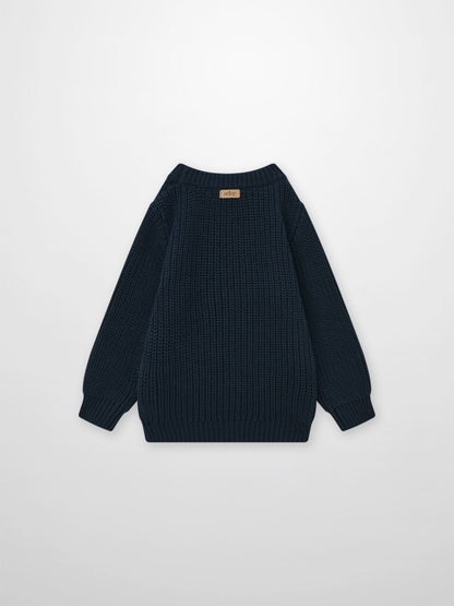Knit Horse Sweater - Navy; Adee unisex top in navy knit with ribbed cuffs and back label