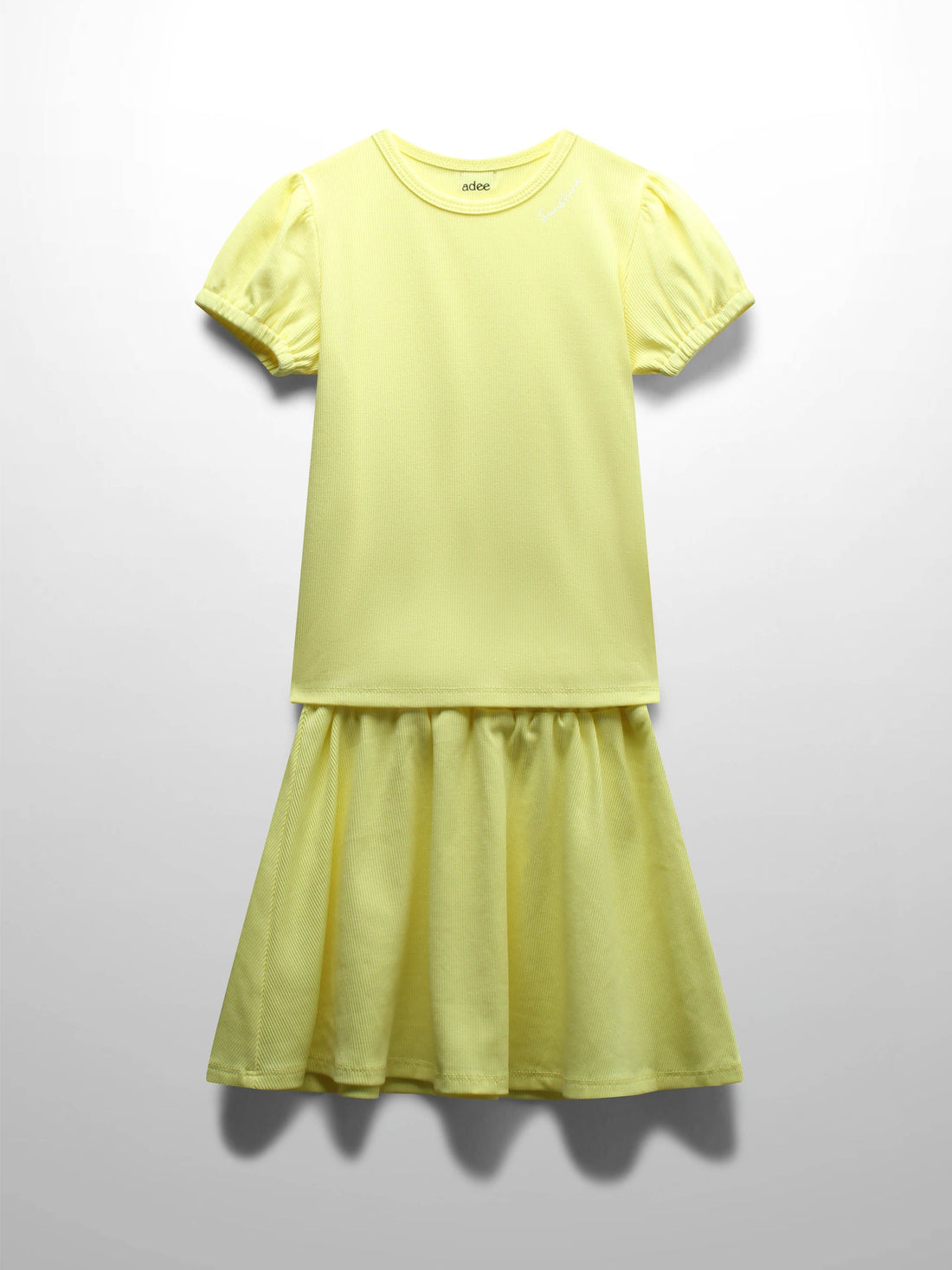 Yellow Ribbed Skirt with Short Bubble Sleeve Shirt