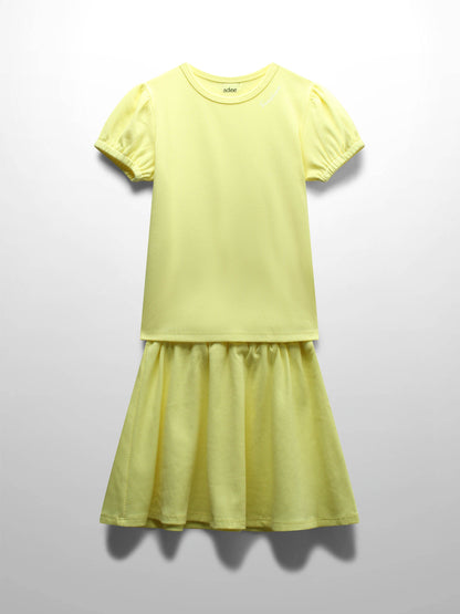 Yellow Ribbed Skirt with Short Bubble Sleeve Shirt