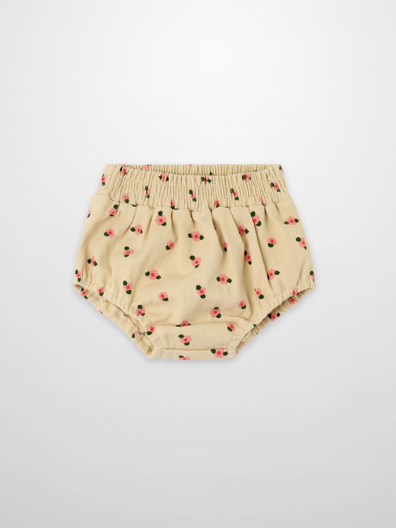 Adee tan floral bloomers for girls; beige fabric with pink flowers and green leaves, elastic waistband.