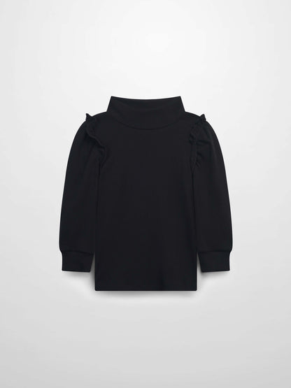 Ruffle Puff Sleeve Mock Neck Shirt - Black
