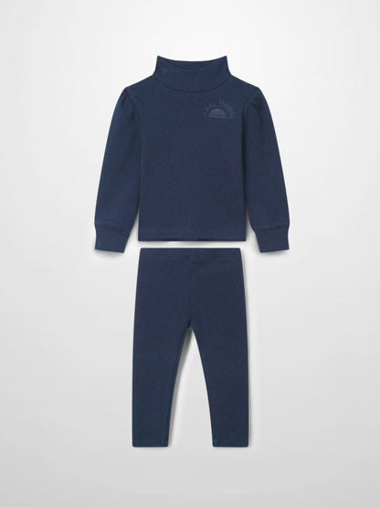 Ribbed Legging Set Puff Sleeves - Navy