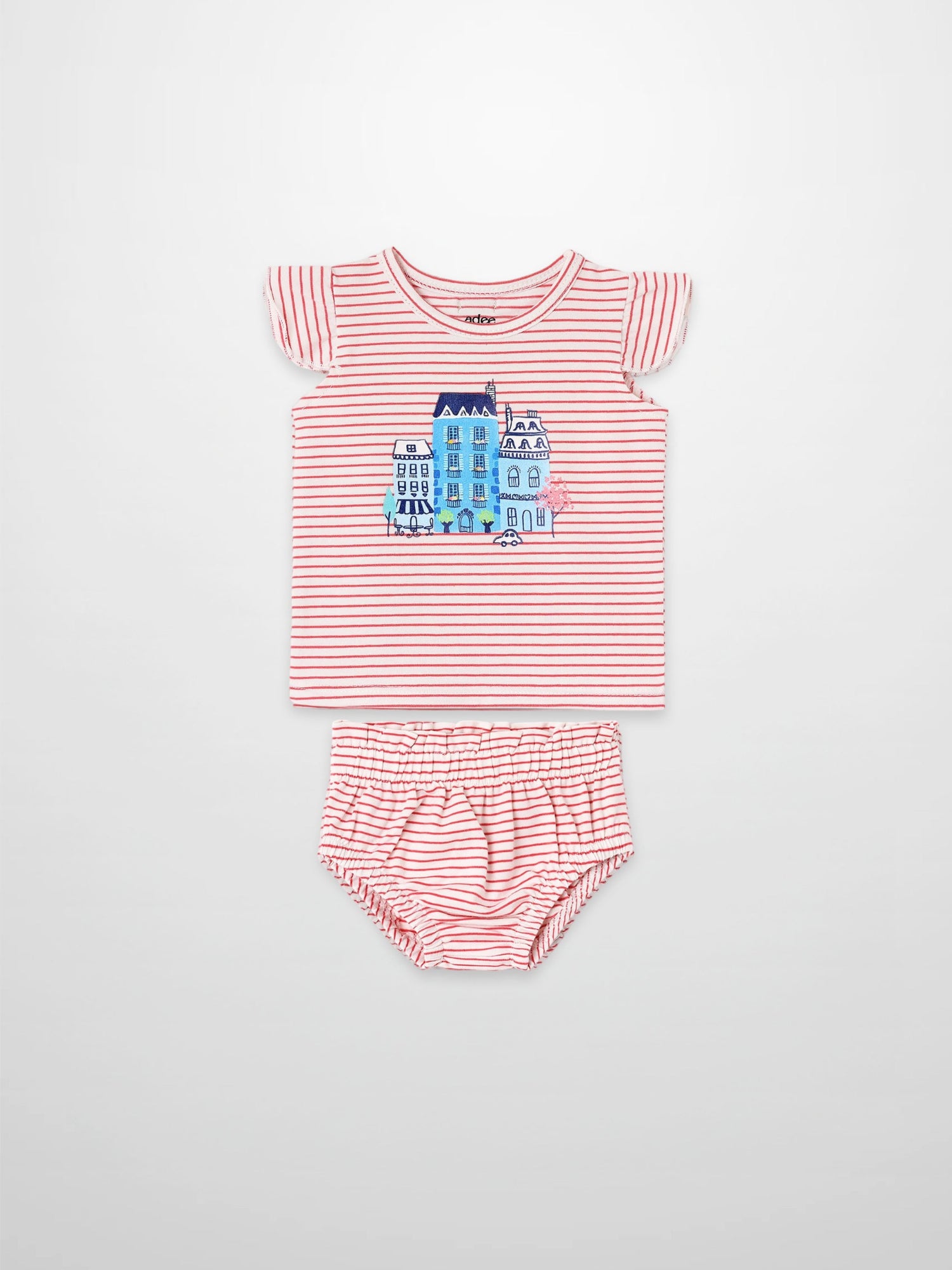 Little Paris Bloomers &amp; Tank Set by Adee; red striped two-piece girls’ outfit with city print