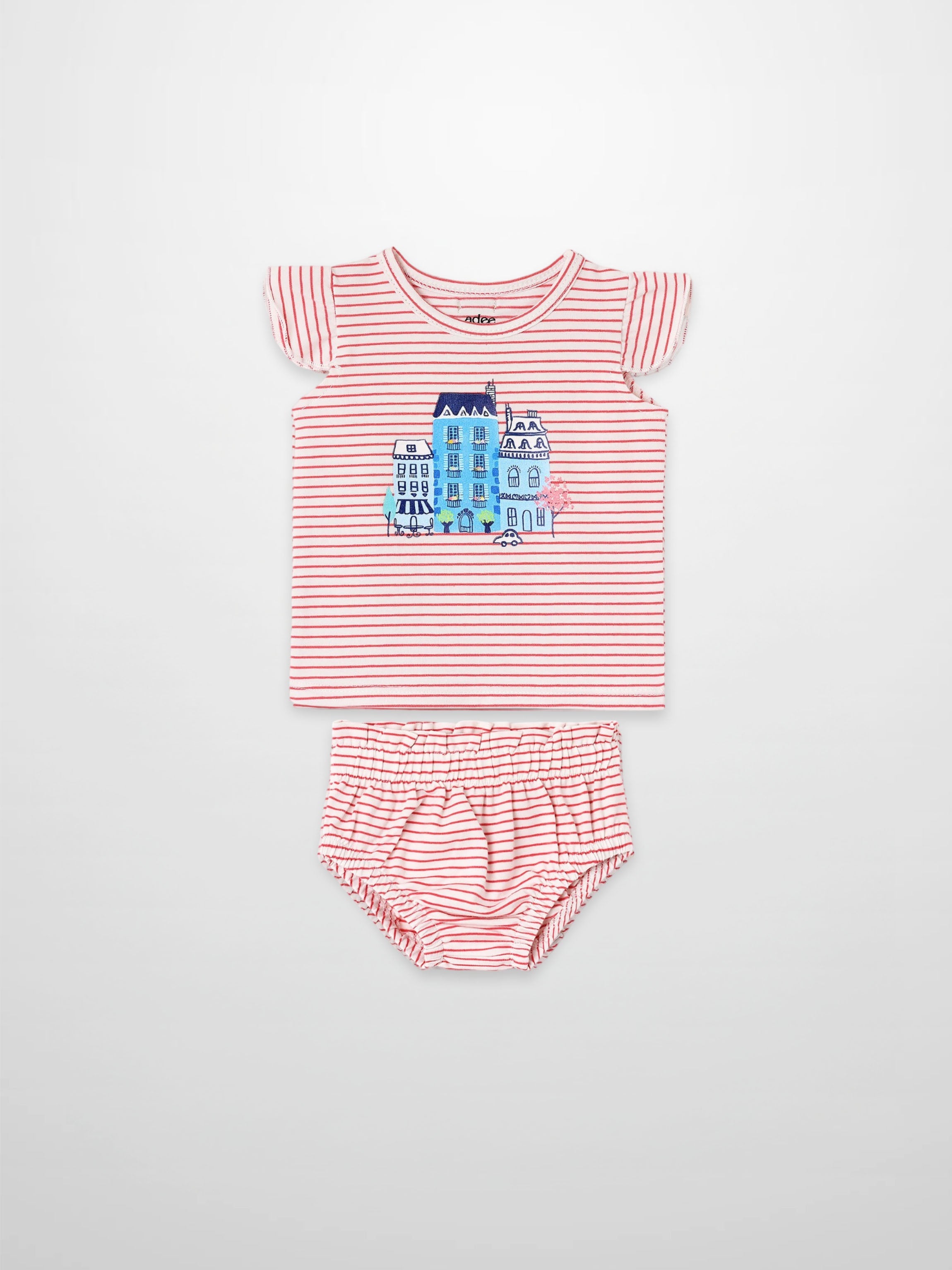 Little Paris Bloomers &amp; Tank Set by Adee; red striped two-piece girls’ outfit with city print