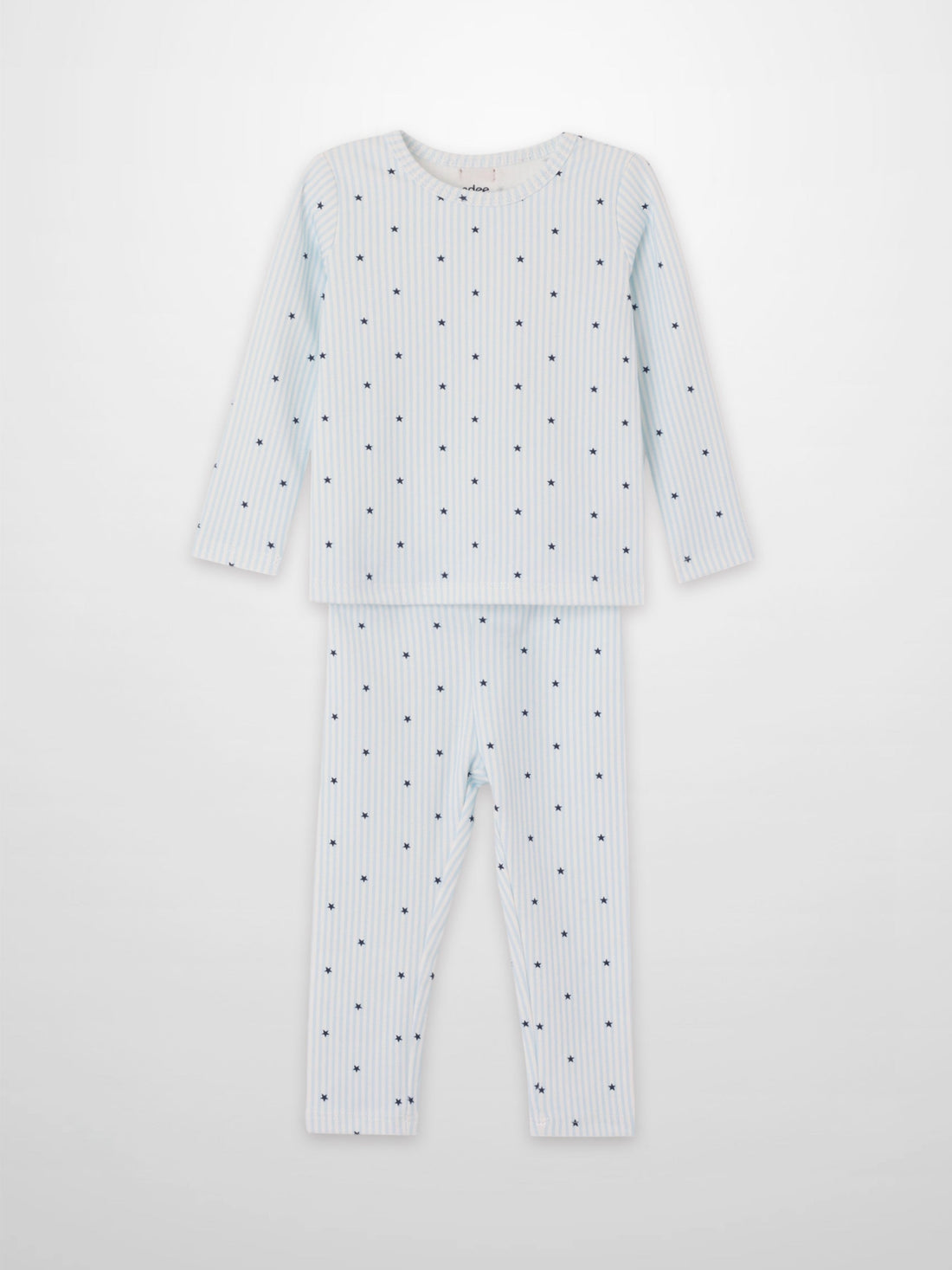 Blue Star Pajamas for boys by Adee; pale blue striped long-sleeve top and pants with dark blue stars
