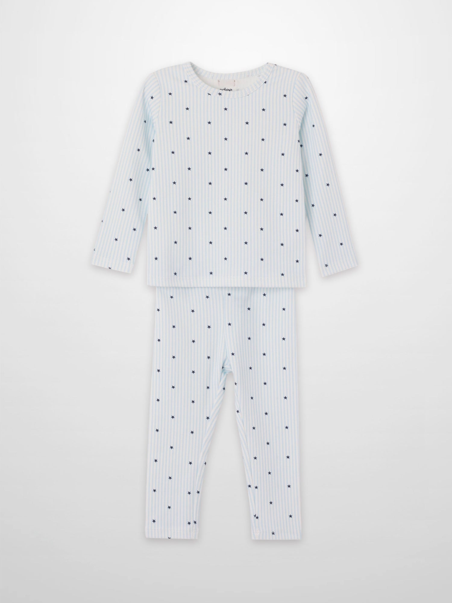 Blue Star Pajamas for boys by Adee; pale blue striped long-sleeve top and pants with dark blue stars