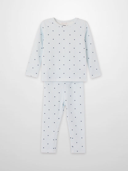 Blue Star Pajamas for boys by Adee; pale blue striped long-sleeve top and pants with dark blue stars