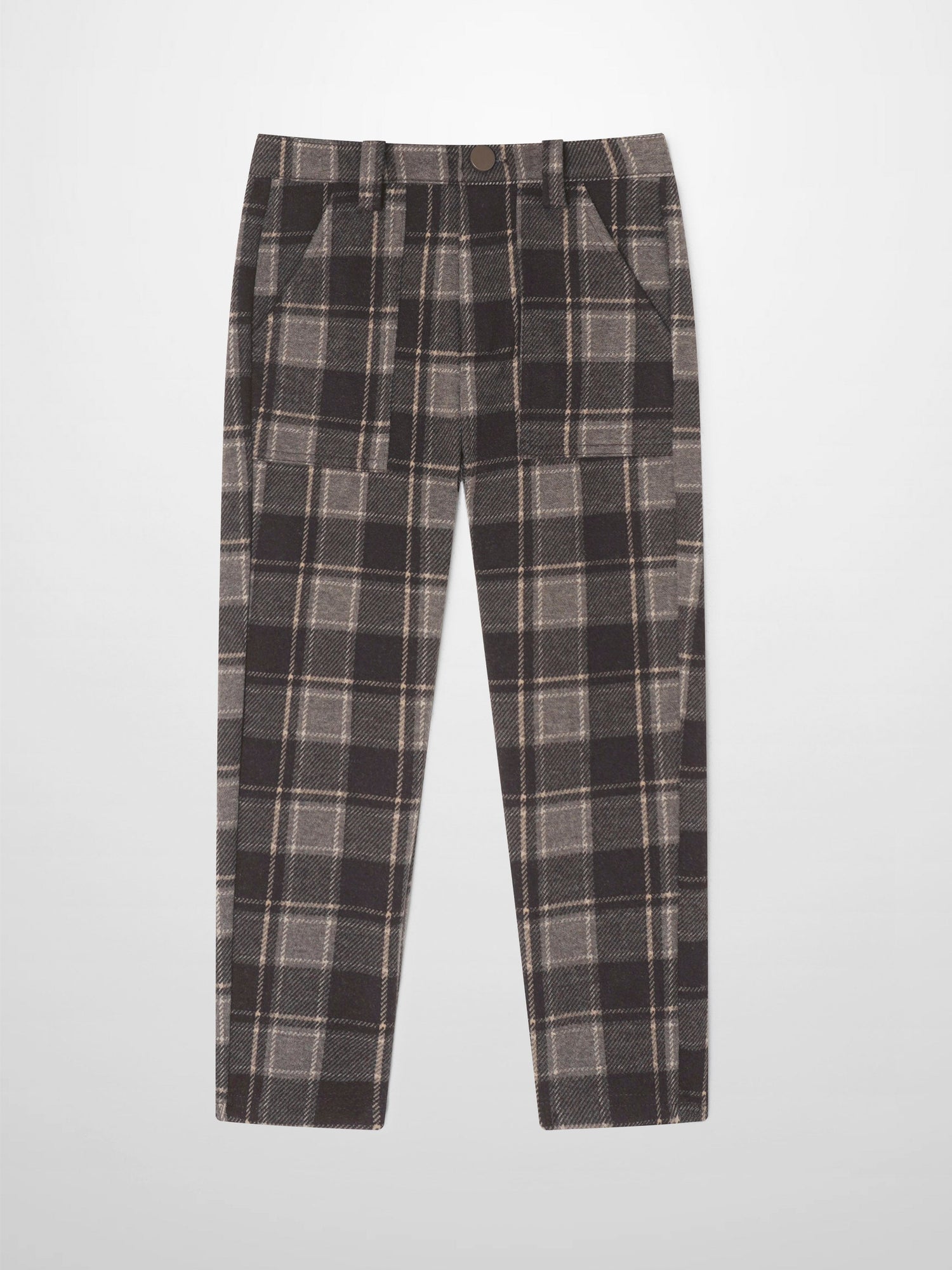 Adee boys plaid dress pants in brown and gray plaid with front pockets.