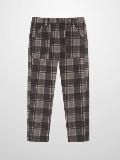 Adee boys plaid dress pants in brown and gray plaid with front pockets.