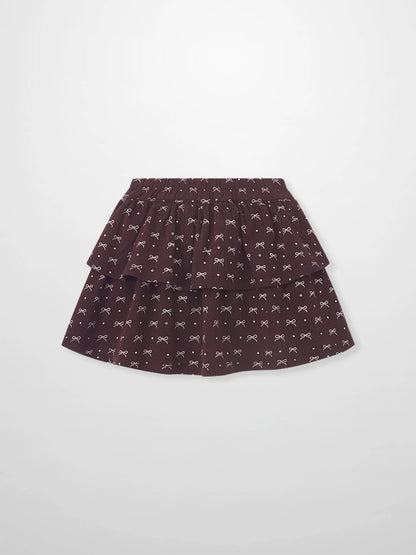 Burgundy Bow Layered Skirt for girls by Adee; bow-pattern print on layered tiers