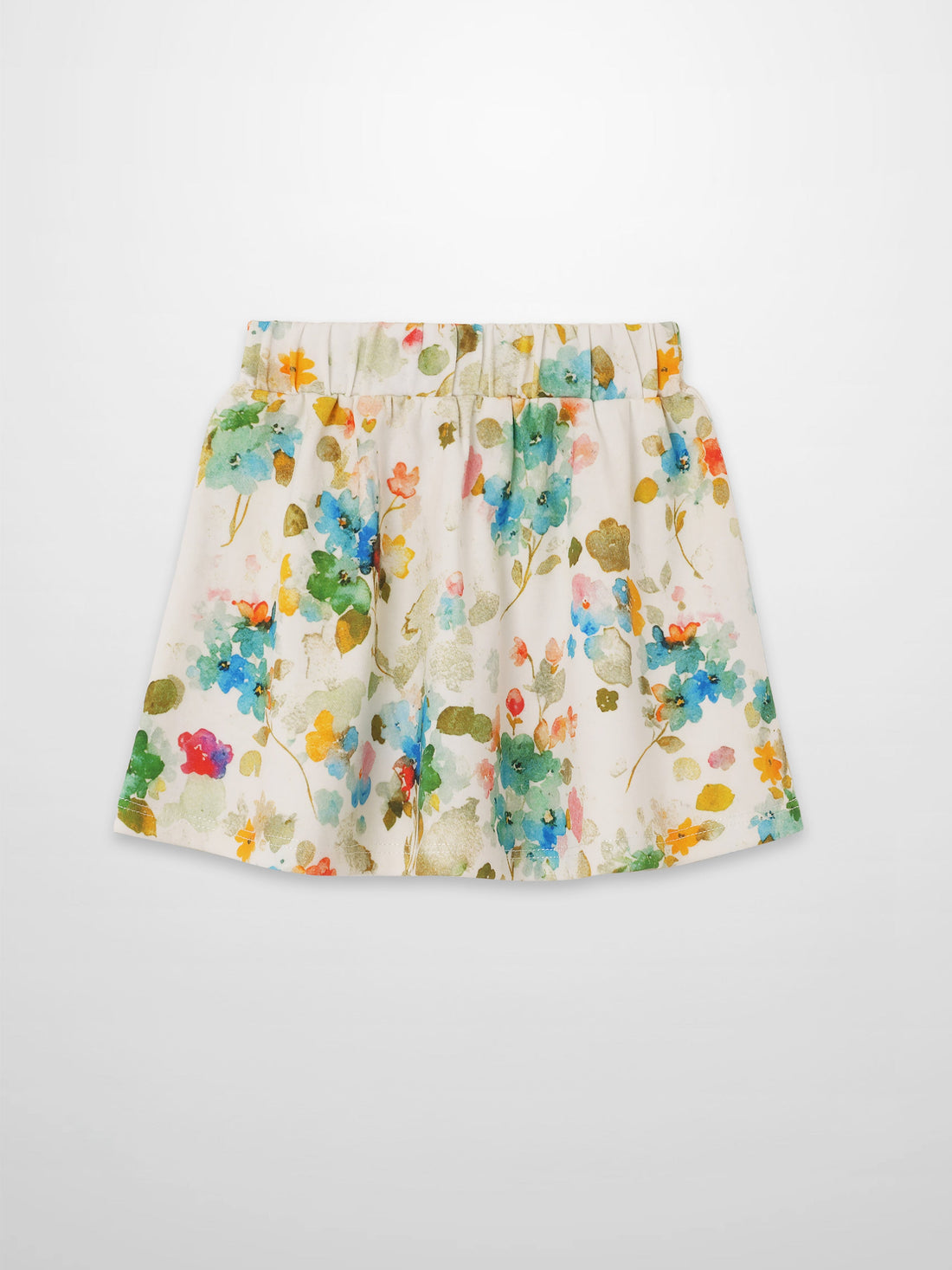 Pastel floral skirt with watercolor blossoms on white, elastic waist, A-line silhouette.