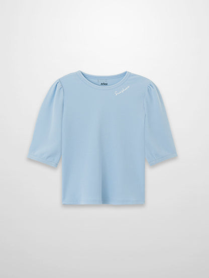 Light blue ribbed 3/4 puff sleeve T-shirt with round neckline and Sunshine embroidery on the chest.