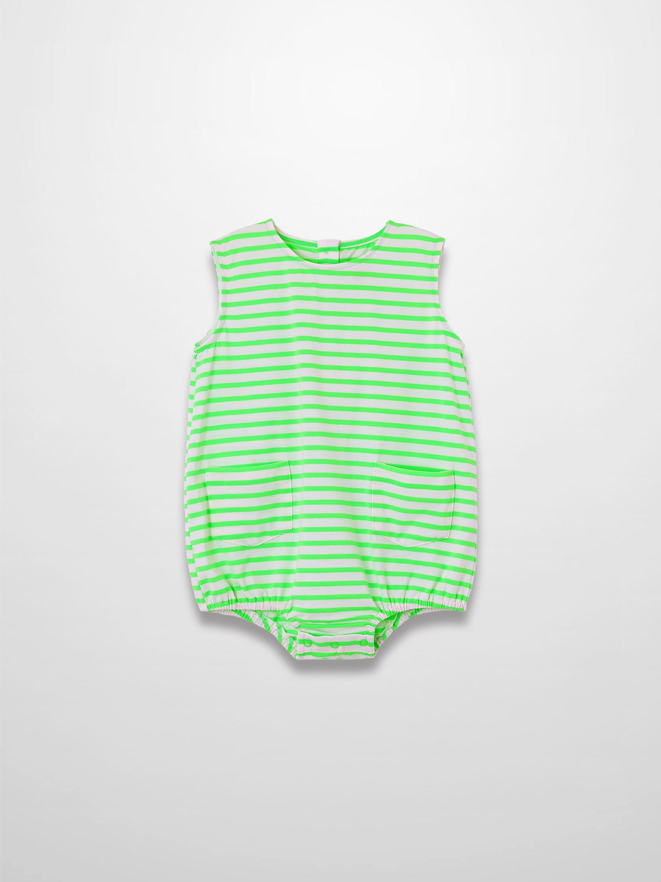 Neon green striped romper with front pockets and snap-bottom closures.