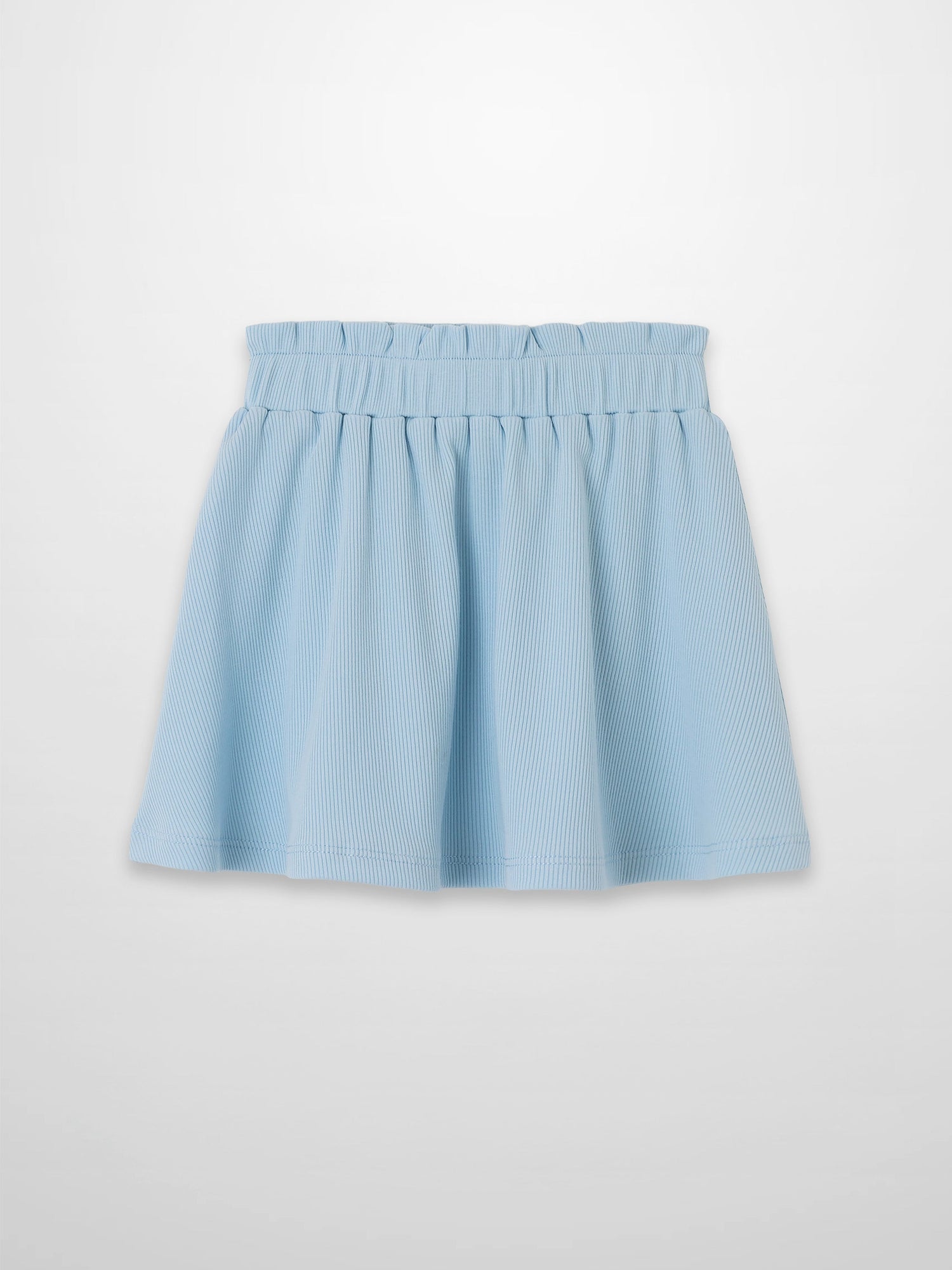 Paper Bag Waist Skirt in light blue with a gathered elastic waistband and soft pleats.