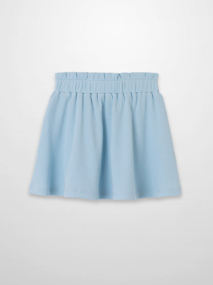Paper Bag Waist Skirt in light blue with a gathered elastic waistband and soft pleats.