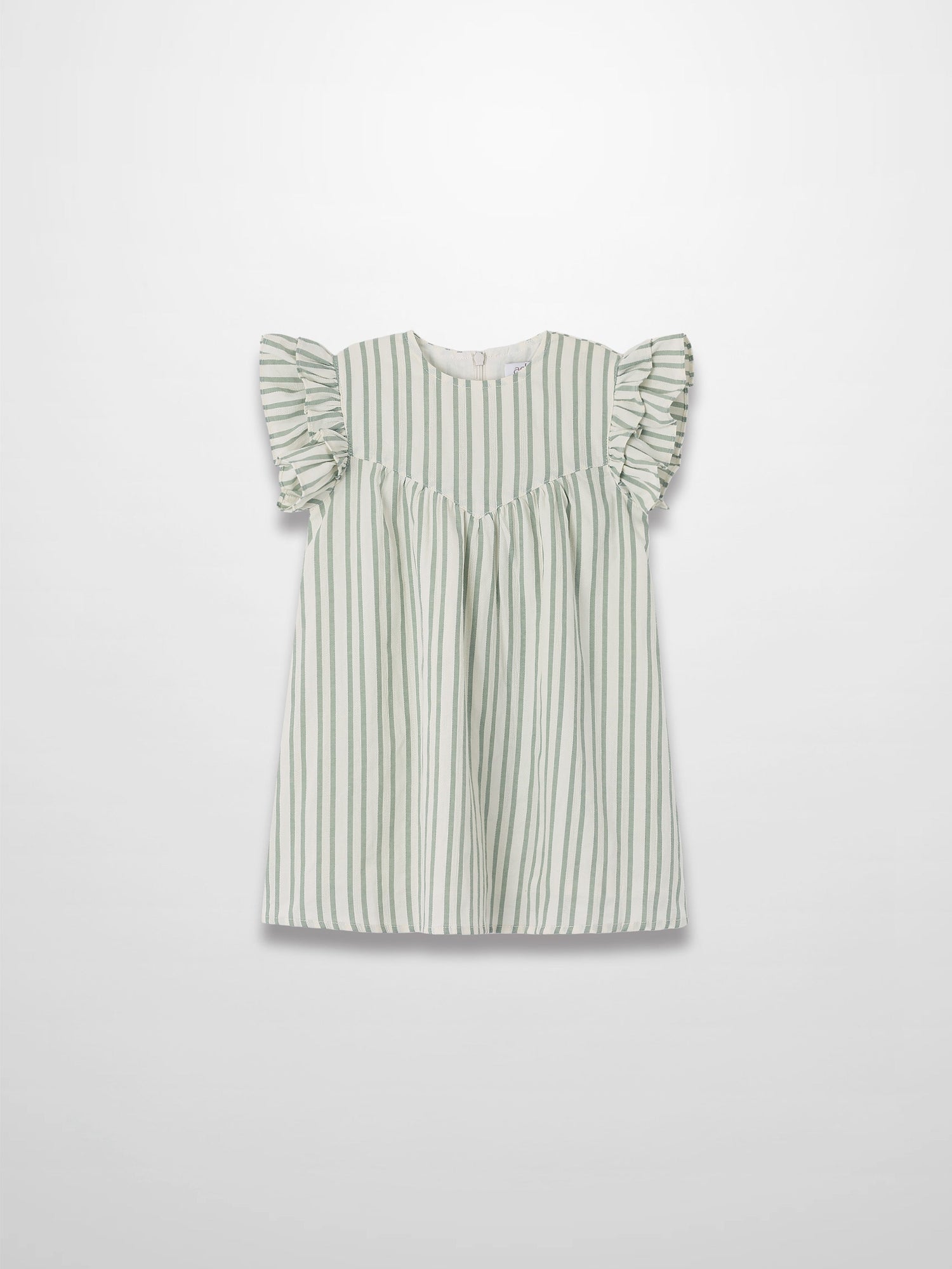 Green striped dress with flutter sleeves and a gathered waist.