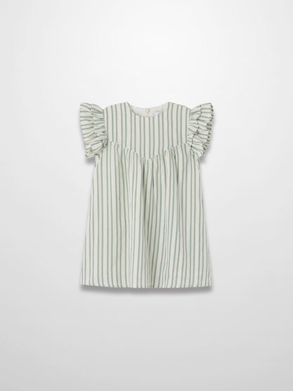 Green striped dress with flutter sleeves and a gathered waist.