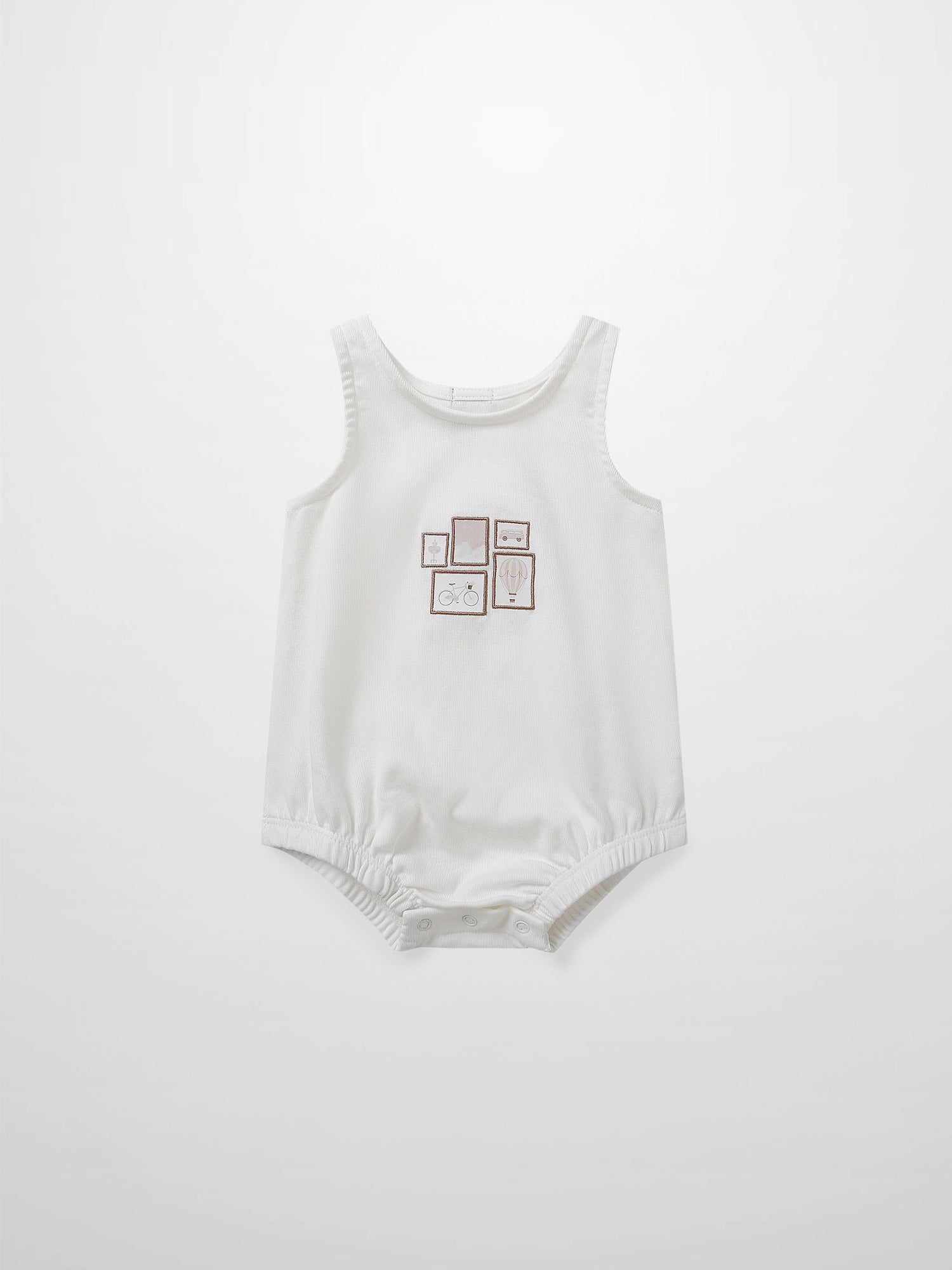 Adee Mini Gallery Romper for baby girls, white sleeveless romper with small framed print on front; snap bottom.