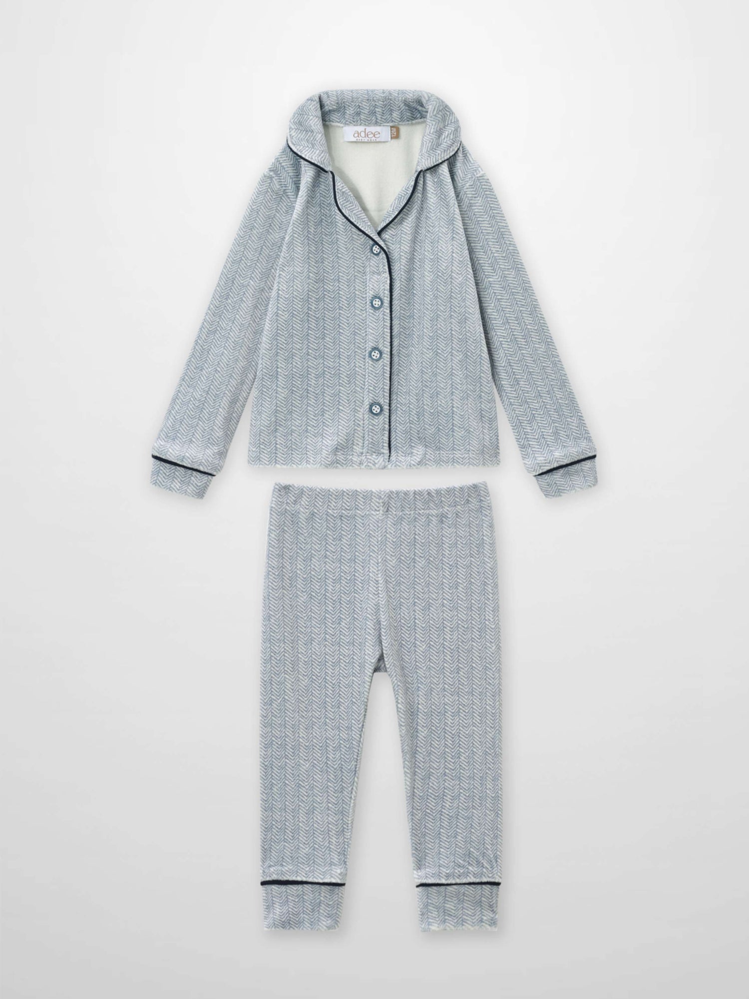 Herringbone Pajamas for boys by Adee, blue two-piece set with piping