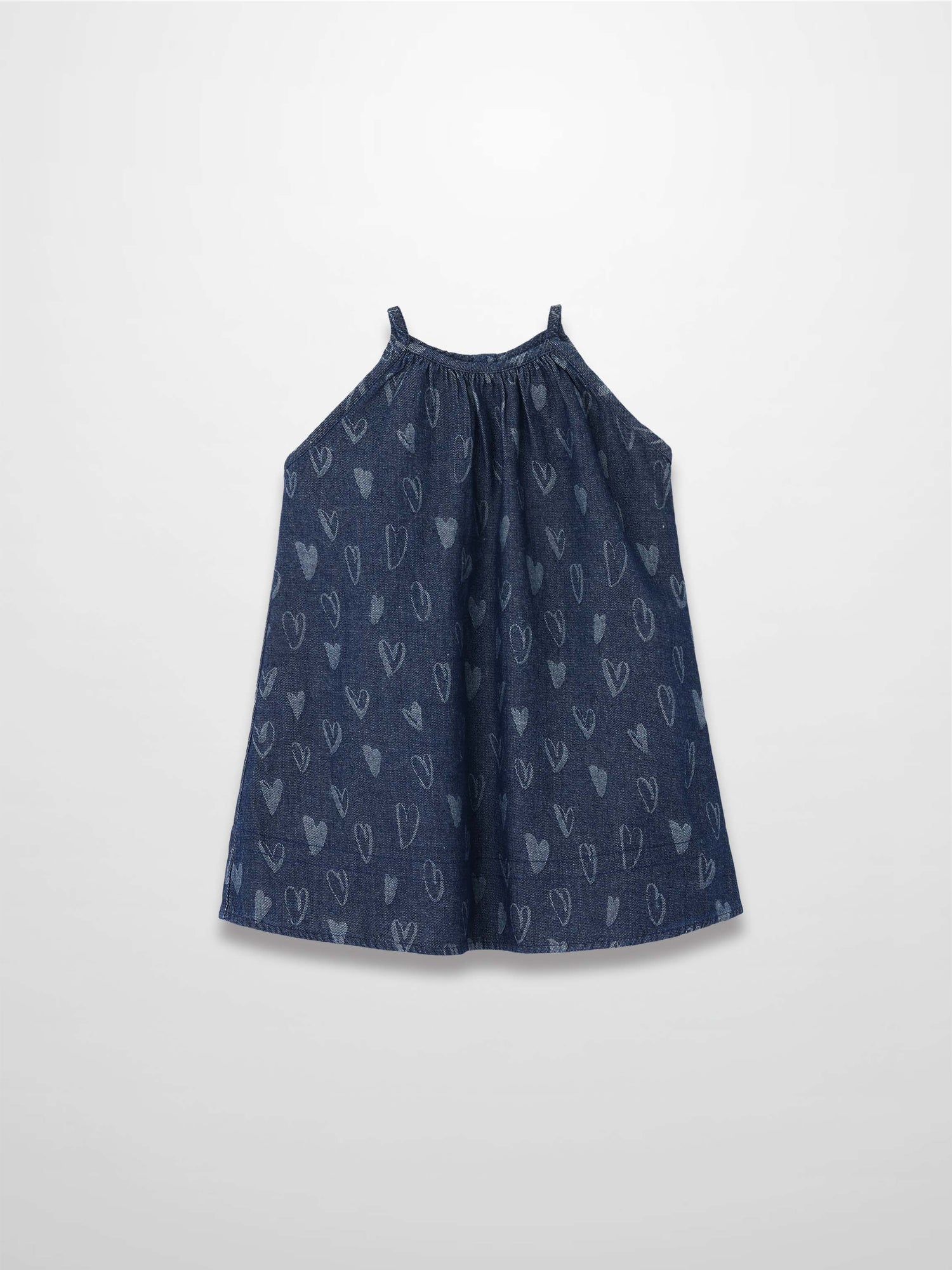 Denim heart-pattern jumper dress, sleeveless with thin shoulder straps and a relaxed A-line fit.