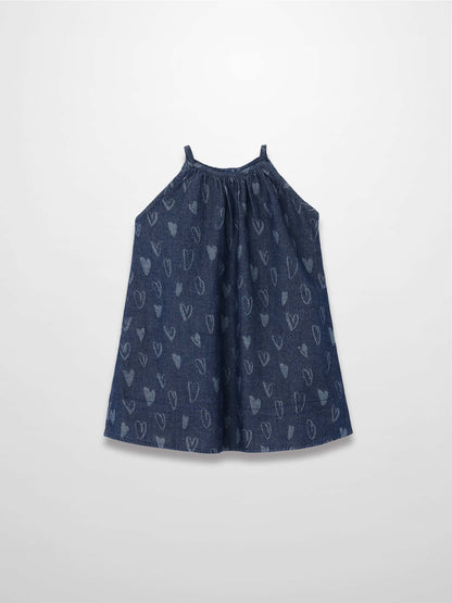 Denim heart-pattern jumper dress, sleeveless with thin shoulder straps and a relaxed A-line fit.